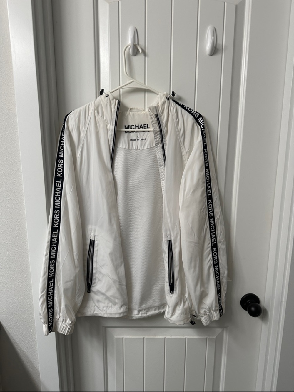 Michael Kors White Hooded Windbreaker with Black Logo Trim